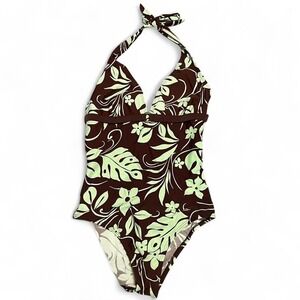 Y2K Brown and‎ Green Floral Halter-Top One-Piece Swimsuit - Size 14